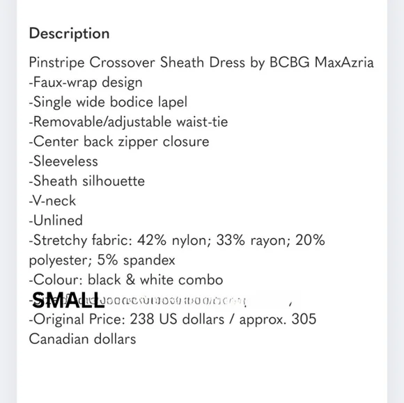 BCBGMaxAzria Pinstripe Faux Wrap Sheath Dress Size Small Belted Black B-2114 - Picture 2 of 6